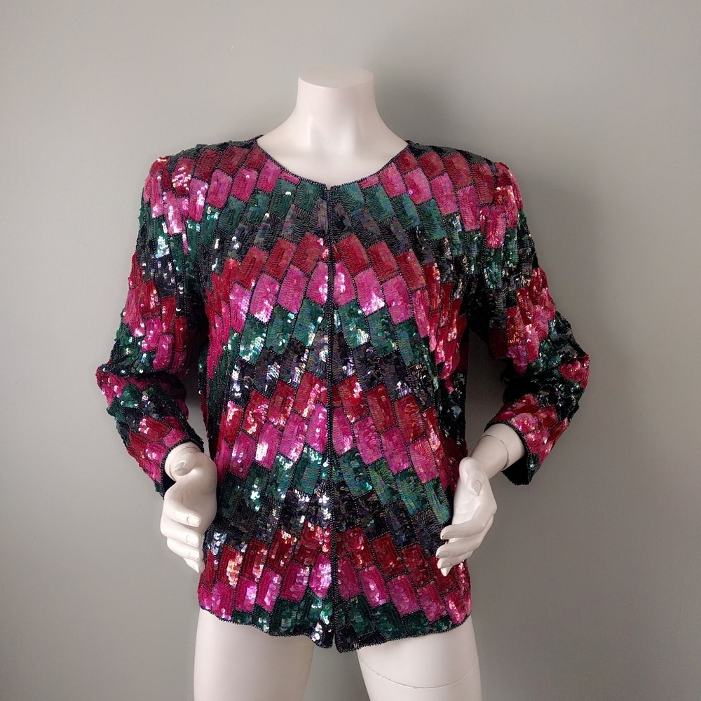 Vtg Rainbow Stripe Deco Sequin Trophy Silk Jacket